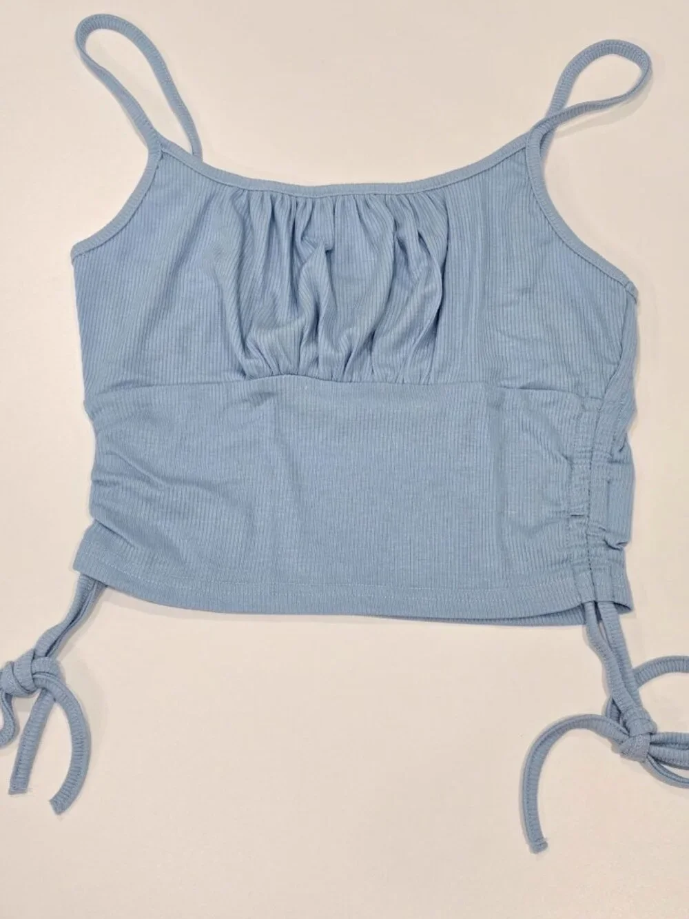 SHEIN ✦ Cami Top ✦ Blue Ribbed Tie‑Side Adjustable Strap Front‑Ruched Crop Top S - Picture 5 of 10